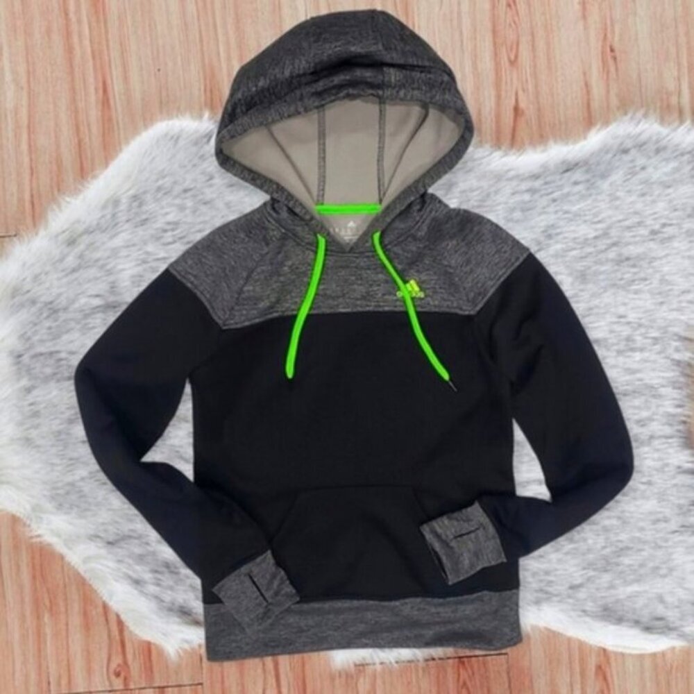 ADIDAS CLIMAWARM Black/Neon Green colour Block Fleece Hoodie- XS- NWOT